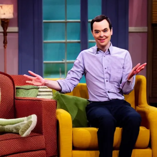 Image similar to jim parsons pretending to be mr. fred rodgers on pbs