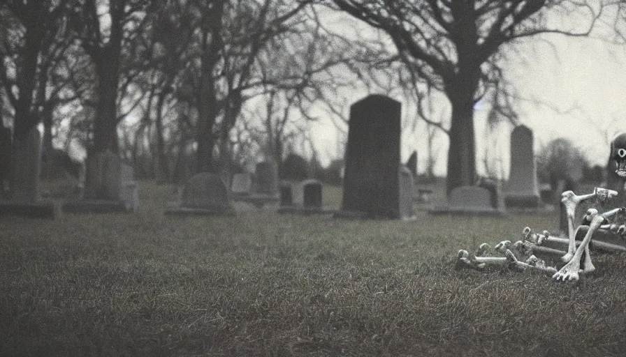 Image similar to 7 0 s film still from a horror movie about a skeleton dancing in a cemetery at night, kodachrome, cinecolor, cinestill, film grain, film texture, retro, cinematic, high resolution, photorealism,