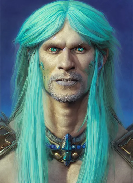 Prompt: a face portrait of a humanoid male with turquois colored skin!, slight smile, triton race from d & d, gills on his neck, long blue hair, smiling, style by donato giancola, wayne reynolds, jeff easley dramatic light, high detail, cinematic lighting, artstation, dungeons and dragons