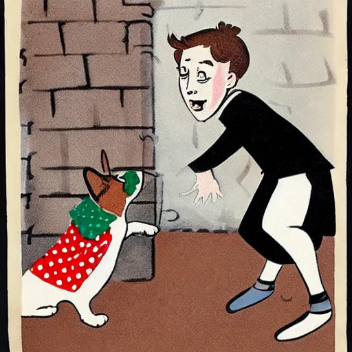 Image similar to book illustration of a french boy on the streets of paris playing football against a corgi, the dog is wearing a polka dot scarf, 1 9 6 6