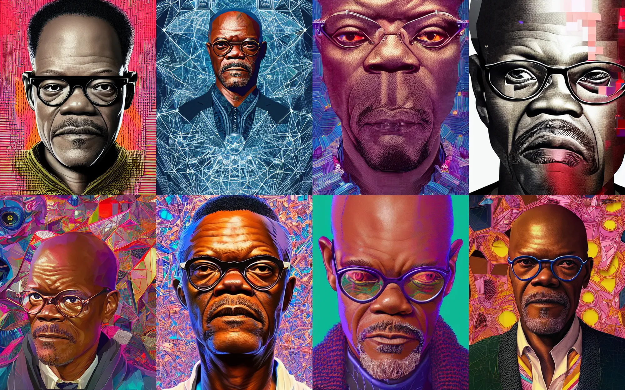 Prompt: highly detailed vfx portrait of samuel jackson, geometric polygons, global illumination, detailed and intricate environment by james jean, liam brazier, victo ngai and tristan eaton