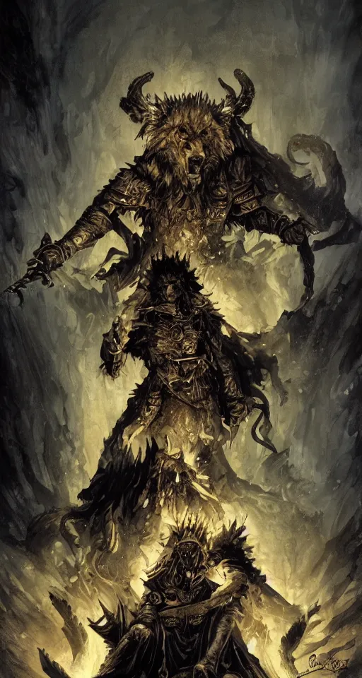 Image similar to king of the wolves. throne of the treasure of the holy grail. By Travis Charest, James Gurney, and Ashley Wood. dramatic lighting. Magic the gathering. digital painting.