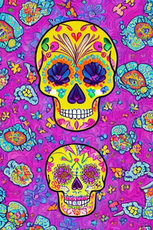 Prompt: Illustration of a sugar skull day of the dead girl, art by Lisa Frank