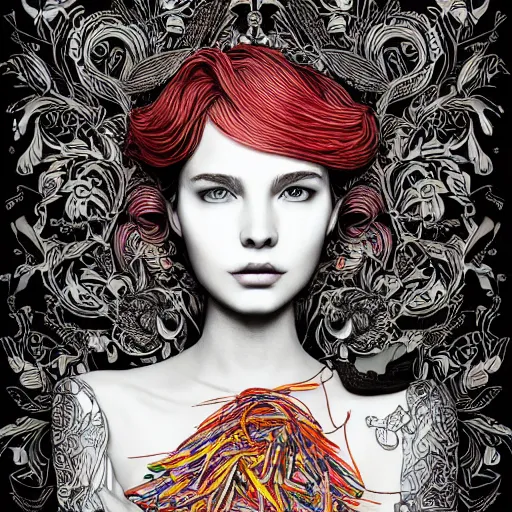 Image similar to the portrait of a beautiful and elegant young woman made up of peppers, an ultrafine detailed illustration by james jean, intricate linework, bright colors, final fantasy, behance contest winner, vanitas, angular, altermodern, unreal engine 5 highly rendered, global illumination, radiant light, detailed and intricate environment