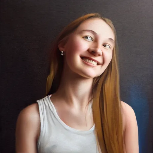 Image similar to woman from scandinavia, 2 0, years old, smiling and looking directly, portrait painting, white background, art