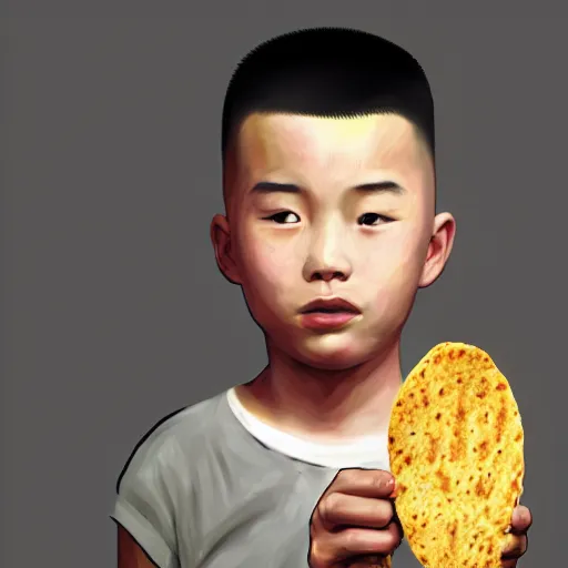 Image similar to dramatic portrait of chinese boy buzz cut, holding a taco, digital painting