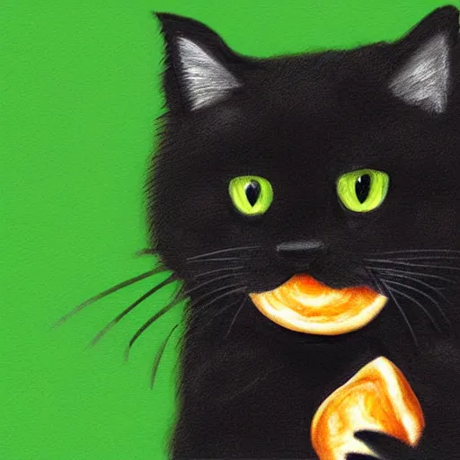 Image similar to a black fluffy cat holding a bagel, digital art