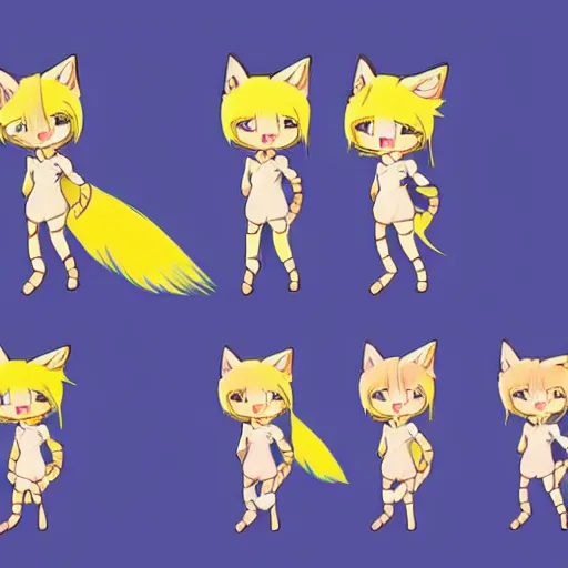 Image similar to full body character concept art of a little cat girl with yellow hair and blue eyes in chibi style