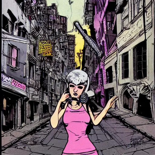 Prompt: punk girl with headphones in densely packed street, surreal, Ralph Bakshi