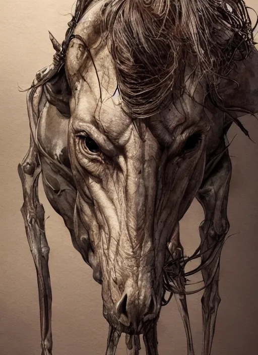 Image similar to portrait, an emaciated starving unicorn, skin and bones, watercolor, dramatic lighting, cinematic, establishing shot, extremely high detail, foto realistic, cinematic lighting, pen and ink, intricate line drawings, by Yoshitaka Amano, Ruan Jia, Kentaro Miura, Artgerm, post processed, concept art, artstation, matte painting, style by eddie mendoza, raphael lacoste, alex ross