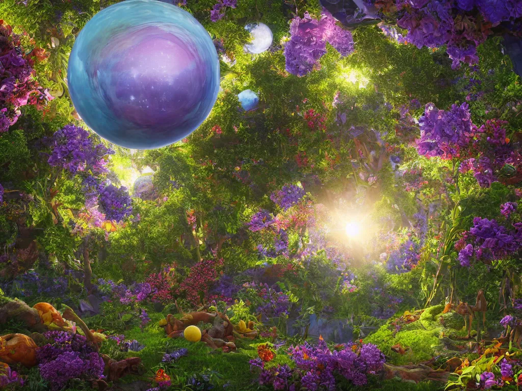 Image similar to 3 d render, the universe is a spheroid region 7 0 5 meters in diameter, sunlight study, art nouveau, by rachel ruysch and sanford robinson gifford and ( ( ( ( ( lisa frank ) ) ) ) ), kauai springtime, 8 k, extreme detail, sharp focus, octane render