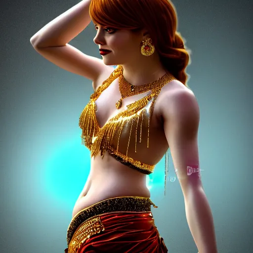 Image similar to a photorealistic portrait of actress emma stone dressed as a belly dancer, arabian night, volumetric lightening, octane render, high quality, fully detailed, 4 k, in focus sharp face with fine details, five human fingers, well structured hands, inspired by belly dancer on youtube, alphonse mucha, masterpiece, stunning