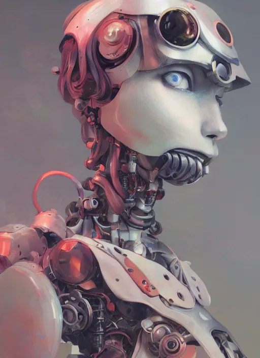 Image similar to surreal gouache painting, by yoshitaka amano, by ruan jia, by conrad roset, by good smile company, detailed anime 3d render of a female mechanical android maid, portrait, cgsociety, artstation, modular mechanical costume and headpiece, dieselpunk atmosphere