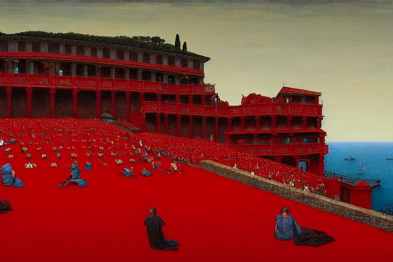 Image similar to only with red, a red great emperor, taormina amphitheatre, expressive crowd with big smile, in the style of beksinski, parts by edward hopper, parts by rodcenko, parts by yue minjun, intricate and epic composition, red by caravaggio, insanely quality, highly detailed, masterpiece, red light, artstation, 4 k