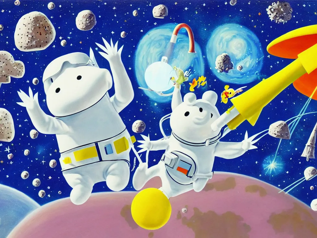 Image similar to moomins in space suits flying around with jetpacks discovering the mushroom planet, photorealistic painting, cgi