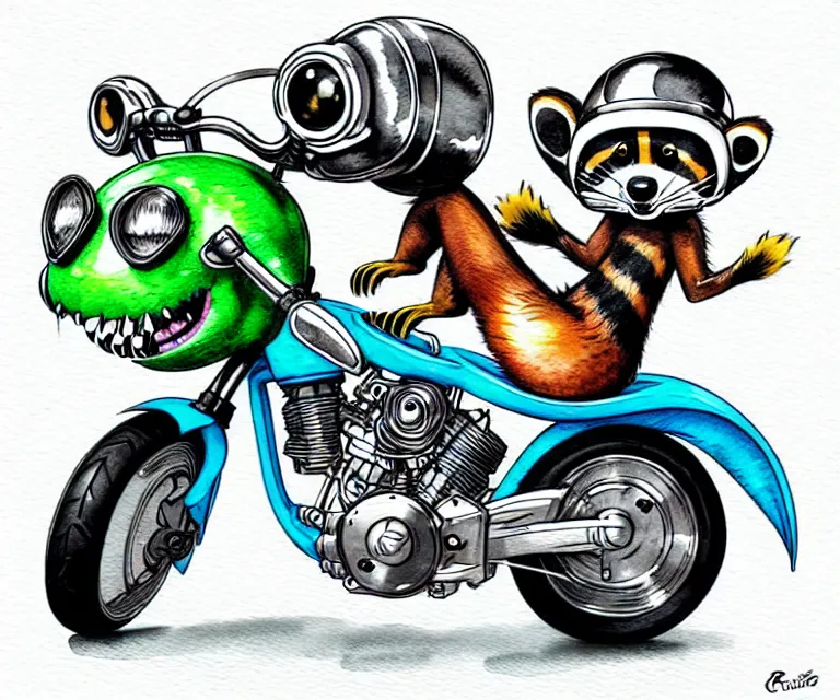 Image similar to cute and funny, racoon wearing a helmet riding on a tiny sport motorcycle with oversized engine, ratfink style by ed roth, centered award winning watercolor pen illustration, isometric illustration by chihiro iwasaki, edited by range murata
