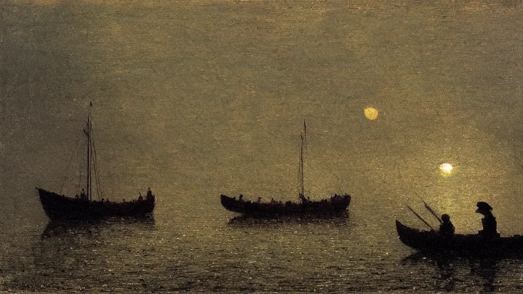 Prompt: an anglo - saxon funerary barge sailing in the middle of a lake, midnight, greenish moonlight, haunted, close up, in the style of john atkinson grimshaw, john william waterhouse, oil on canvas