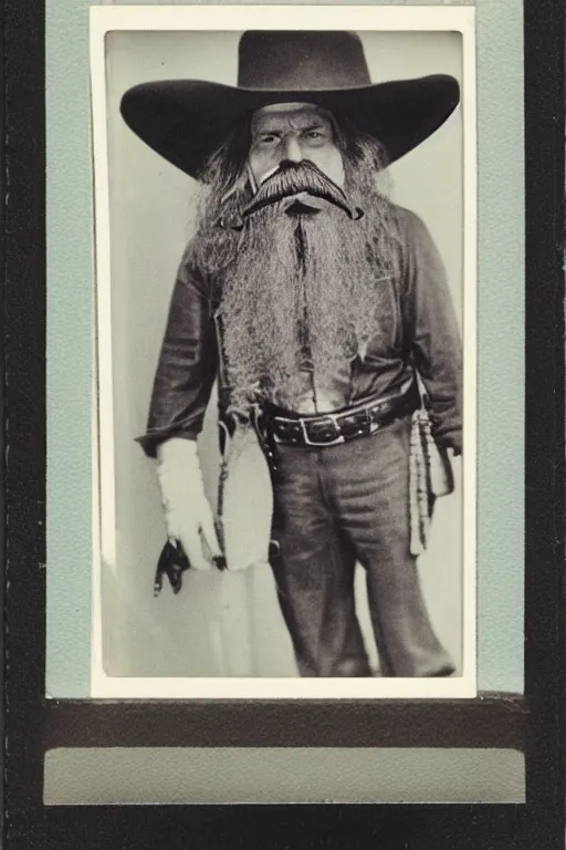 Image similar to polaroid photograph of cowboy sherrif resembling yosemite sam with huge hat, huge mustache, orange colors