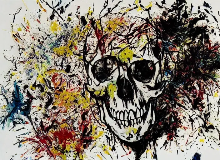 Image similar to a splattered painting by jackson pollock showing a skull, ultradetailed fine art printing,