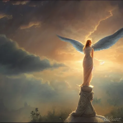 Image similar to cinematic shot collosoal size angel in the clouds sunset digital painting, artstation, concept art, soft light, hdri, smooth, sharp focus, illustration, fantasy, intricate, elegant, highly detailed, D&D, matte painting, in the style of Greg Rutkowski and Alphonse Mucha and artemisia, 8k, highly detailed, jurgens, rutkowski, bouguereau, pastoral, rustic, georgic