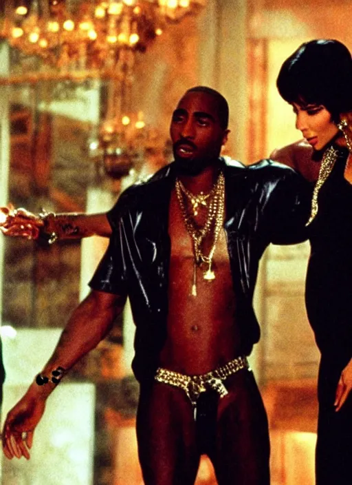 Prompt: film still of Tupac as tony montana dancing with kim kardashian in scarface, 4k