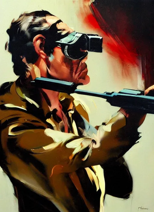 Prompt: lalo salamanca shooting howard hamlin, painting by phil hale, 'action lines'!!!, graphic style, visible brushstrokes, motion blur, blurry