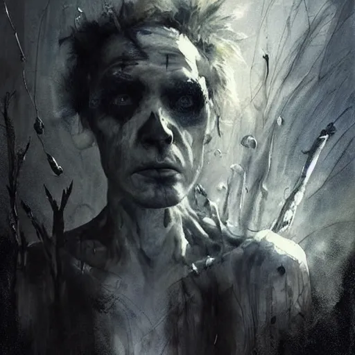 Image similar to emaciated ( the cure fan ) as dream from sandman, dim stars as eyes, by jeremy mann, by cedric peyravernay, by by russ mills, by richard avedon and ben templesmith, dramatic lightning, sadness, dark eye sockets, in the shadows, punk rock, gothic, high detailed, 8 k