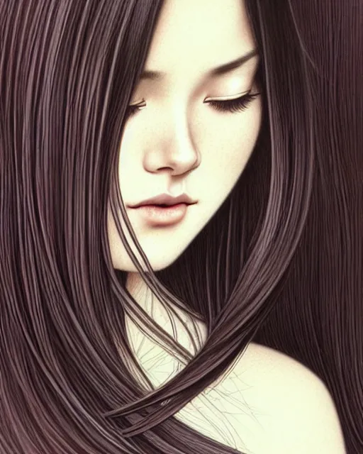 Image similar to ' daydreaming woman with long straight silky hair ', closeup shot of face, beautiful shadowing, soft shadowing, reflective surfaces, illustrated completely, 8 k beautifully detailed pencil illustration, extremely hyper - detailed pencil illustration, intricate, epic composition, masterpiece, bold complimentary colors. stunning masterfully illustrated by artgerm, range murata, alphonse mucha, katsuhiro otomo.