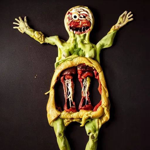 Image similar to a humanoid bipedal upright zombie that strongly resembles a hamburger, professional food photography