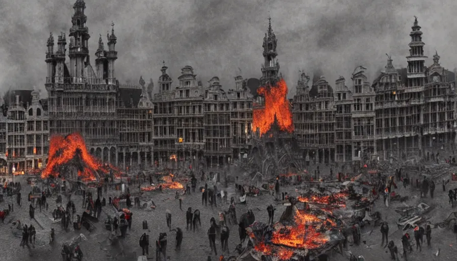 Image similar to destroyed grand place, brussels with fire and debris, grey sky, hyperdetailed, artstation, cgsociety, 8 k