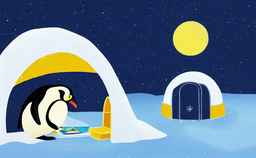 Image similar to childrens book illustration of an emperor penguin sitting down and reading a book inside an igloo