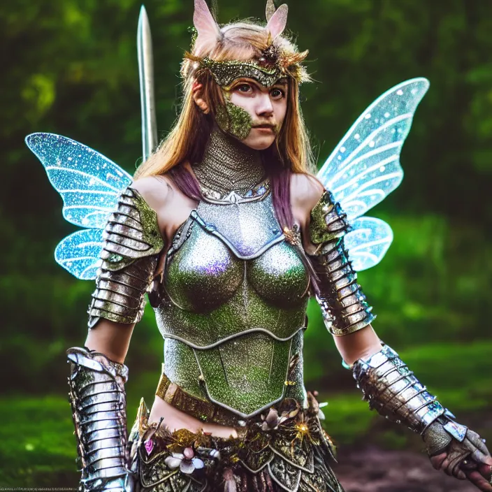 Image similar to full body photo of a fairy warrior wearing sparkly armour, highly detailed, 4 k, hdr, smooth, sharp focus, high resolution, award - winning photo