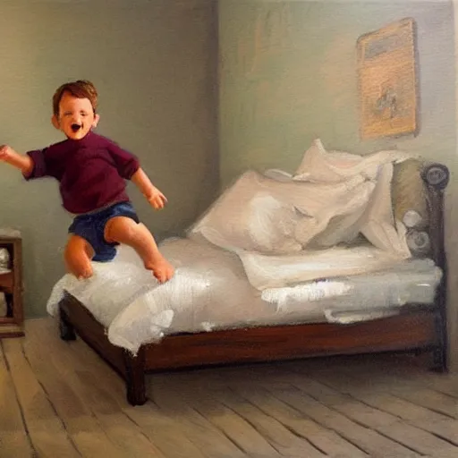 Image similar to a beautiful oil painting of a little boy jumping on his bed, storybook style