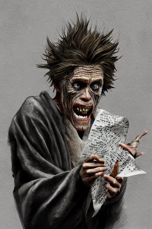 Prompt: A deranged tiny filthy man looking like Willem Dafoe wearing long dark damaged ripped robes showing a magic paper scroll, camera looking down upon, long fingernails, unclipped fingernails, sharp fingernails, focus on face, sharp focus, digital painting, trending on artstation, concept art, fantasy, medieval