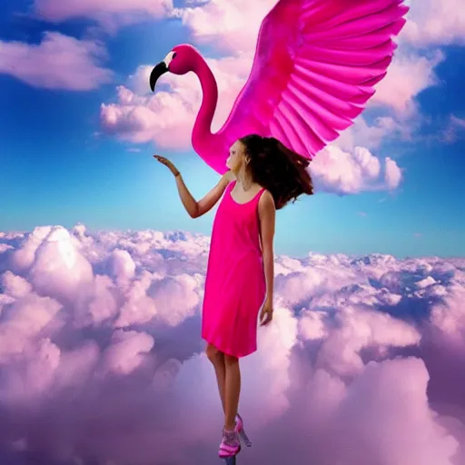 Image similar to goddess wearing a flamingo fashion on the clouds, photoshop, colossal, creative, giant, digital art, photo manipulation, clouds, sky view from the airplane window, covered in clouds, girl clouds, on clouds, covered by clouds