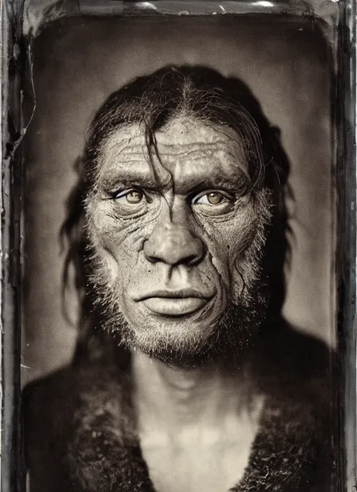 Image similar to portrait of a neanderthaler, hyperrealism, photo realistic, detailed, award winning photograph, cinematic lighting, ambrotype wet plate collodion by richard avedon and shane balkowitsch