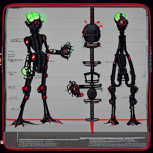 Image similar to character sheets for a friendly tripod vampire squid robot made of broken parts that loves cats and has an led screen face, inspired by splatoon by nintendo, art by tim schafers work on psychonauts 2 from double fine, anime, vhs distortions