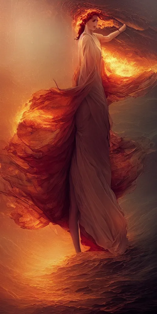 Prompt: ocean of canvas catching fire, magical, emotional, concept art, art nouveau, inspired by reylia slaby, peter gric, volumetric lighting, intricate, ornate