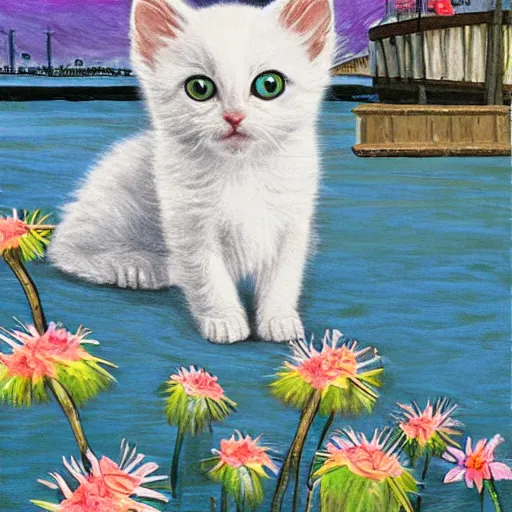 Image similar to a small white kitten at the wharf in San Francisco, fantasy illustration,