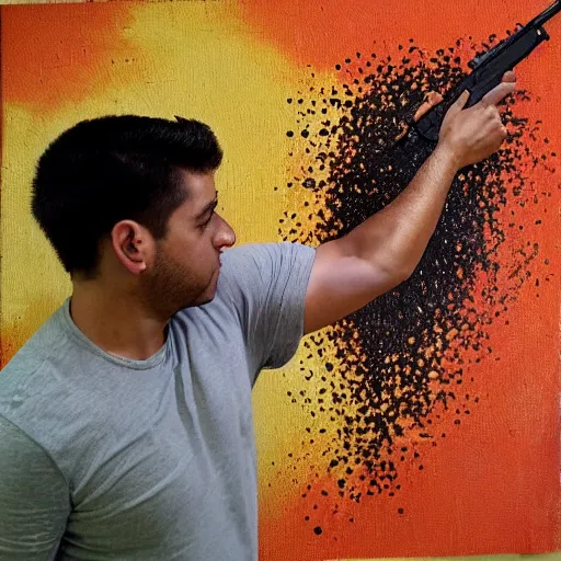 Prompt: ricardo milos aiming a gun, in the art style of painted with beans. n 4