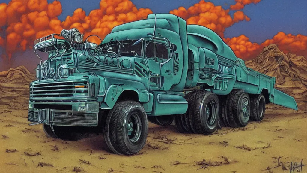 Prompt: truck from Maximum Overdrive (1986) painted by Gerald Brom, highly detailed