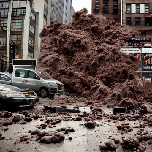 Image similar to tsunami of liquid chocolate on new york, post apocalyptic, cinematic ruin