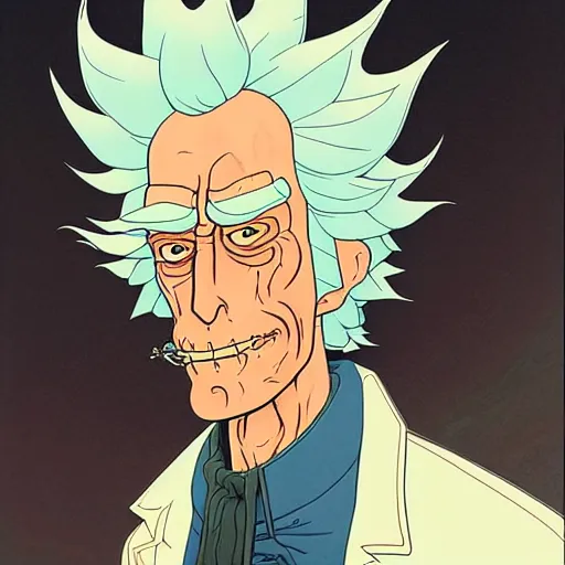 Prompt: westworld rick sanchez futurama portrait by charles vess and james jean and erik jones and rhads, inspired by ghost in the shell, beautiful fine face features, intricate high details, sharp, ultradetailed