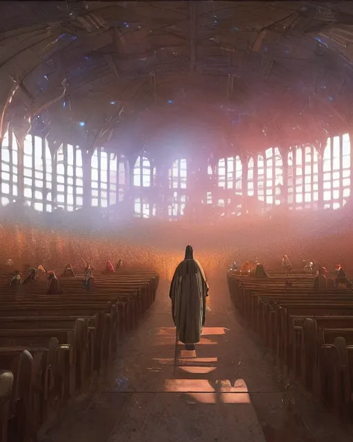 Image similar to fantasy movie scene digital matte painting of a crowd in a futuristic church by craig mullins and ghibli, strong contrast, priest, pews, ethereal, inviting, bright, raking light, unreal engine 5, hyper realism, realistic shading, cinematic composition, blender render, octane render, hdr, detailed textures, photorealistic, wide shot