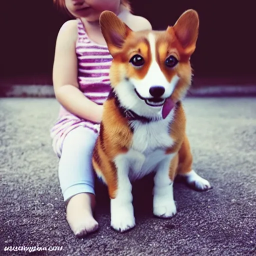 Image similar to “little girl holding a corgi puppy photorealistic hd”