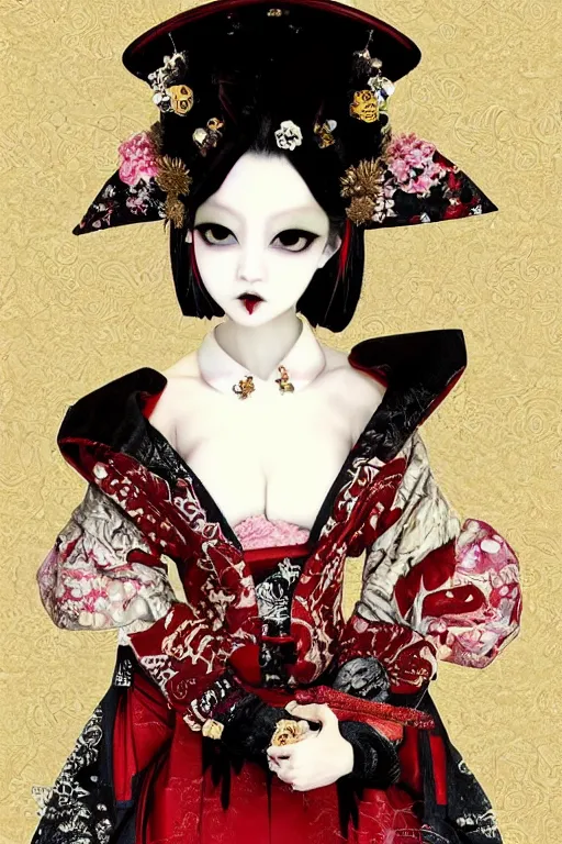 Image similar to avant - garde japanese bjd geisha vampire queen in victorian red dress in the style of dark - fantasy lolita fashion painted by yoshitaka amano, takato yamamoto, jgustav klimt, dmt art, symmetrical vogue face portrait, volumetrics, intricate detail, artstation, cgsociety, artgerm, gold skulls, rococo