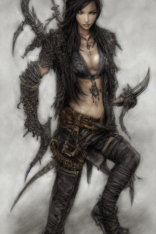 Prompt: asian - looking rogue, dnd, fantasy character wearing a vest and high boots, single character concept art, digital art, medium shot, highly detailed, photorealistic, illustration, 1 2 3 4 by luis royo