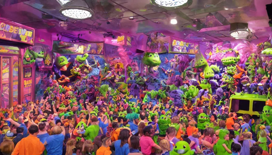 Image similar to 1990s photo of inside the Nickelodeon Blockbuster Gameboy Slime Show ride at Universal Studios in Orlando, Florida, children riding a VHS tape through a Blockbuster Kaybee toy store filled with beanie babies and a big Furby, cinematic, UHD