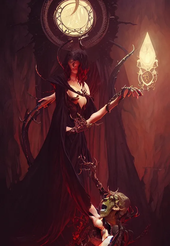 Prompt: occultist witch conjuring a demon, fantasy magic, dark light night, intricate, elegant, sharp focus, illustration, highly detailed, digital painting, concept art, matte, art by wlop and artgerm and greg rutkowski and alphonse mucha, masterpiece