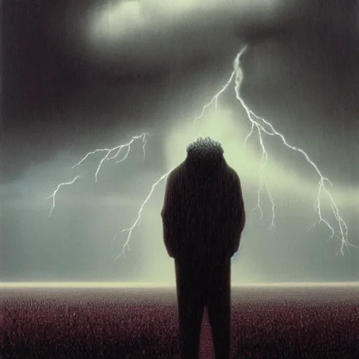 Image similar to killua zoldyck made by zdzisław beksinski, thunderstorm, 8 k, detailed, cinematic, rain, crying, black